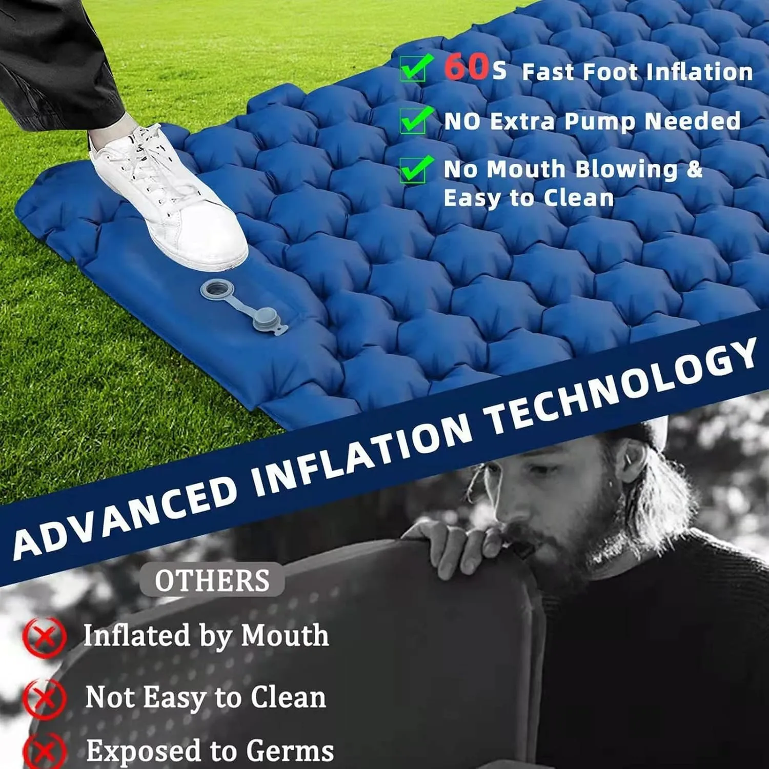 Camping Sleeping Pad, Inflatable Sleeping Mat Inflatable Camping Sleeping Pad with Pillow Travel Mattress with Storage Bag for Backpacking