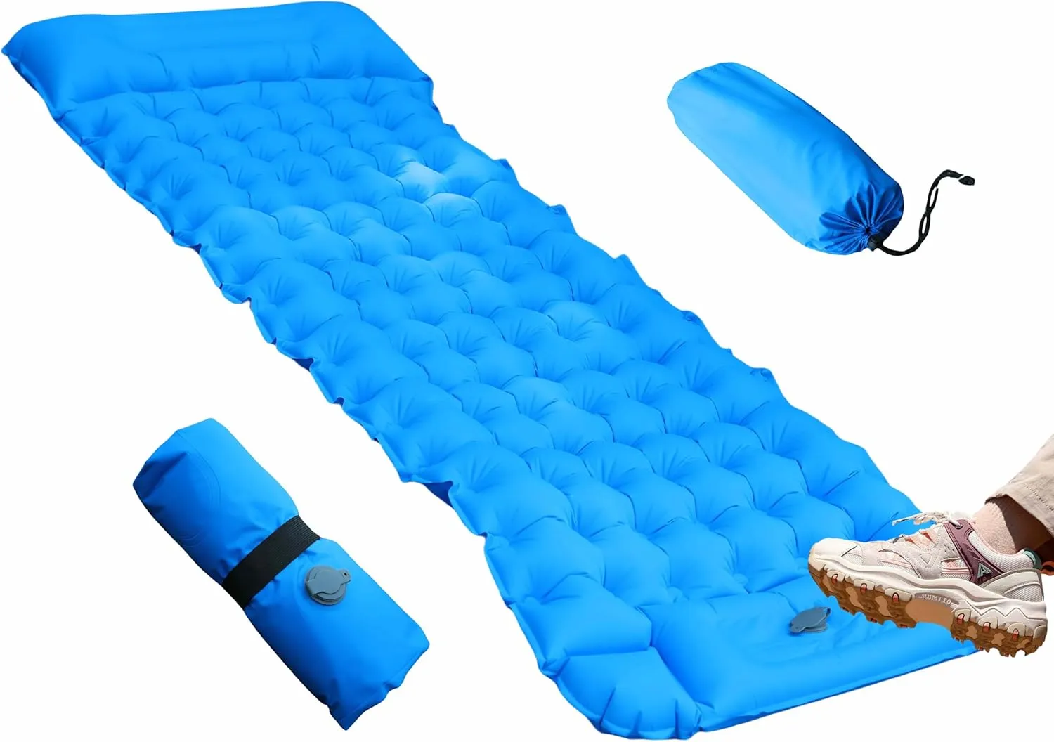 Camping Sleeping Pad, Ultralight Camping Mat with Pillow Built-in Foot Pump Inflatable Sleeping Pads Compact for Camping Backpacking Hiking Traveling Tent (Sky-Blue)