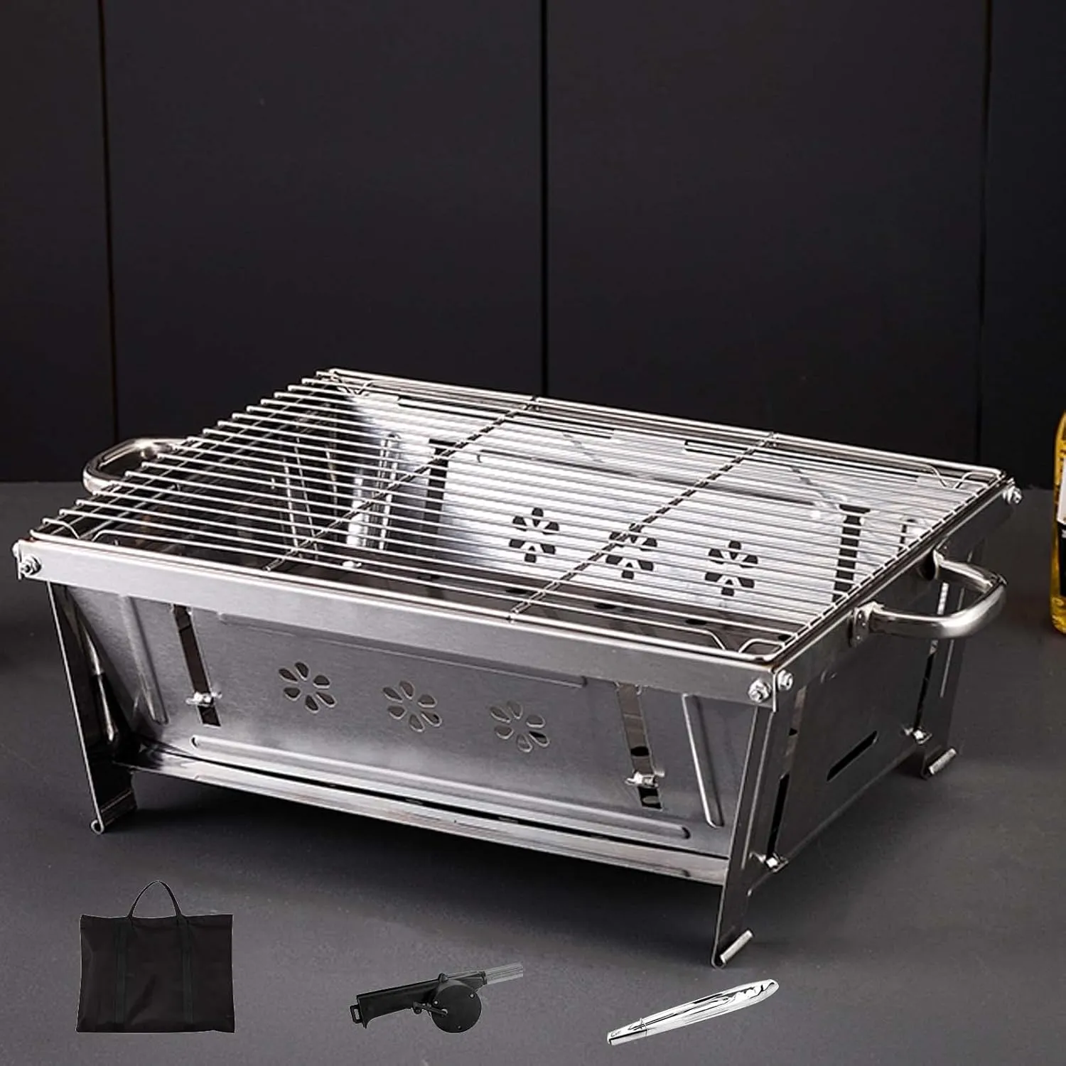 Camping Stove Folding BBQ Stove Wood Burning Camping Stove, Foldable Backpacking Stove Outside Survival Cooking with Blow Fire Tube & Carry Bag