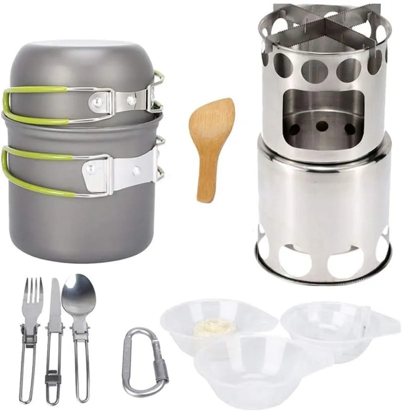 Camping Stove Outdoor Cookware Mess Kit Outdoor Folding Wood Stove Camping Pot Set Bowls Spoon Fork Cutter Tableware Cooking Set (Color : A) (B)