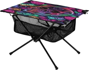 Camping Table Lightweight Portable Folding Table with Mesh Storage Net Red Rose Skull Fluorescence Ideal for Camping Hiking Beach Picnic Travel Backyard