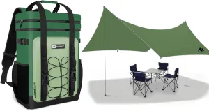 Camping Tarp   Backpack Cooler, Green 40 Cans Leakproof Cooler Backpack, Waterproof Tarp with Poles for Camping Beach Picnic BBQ