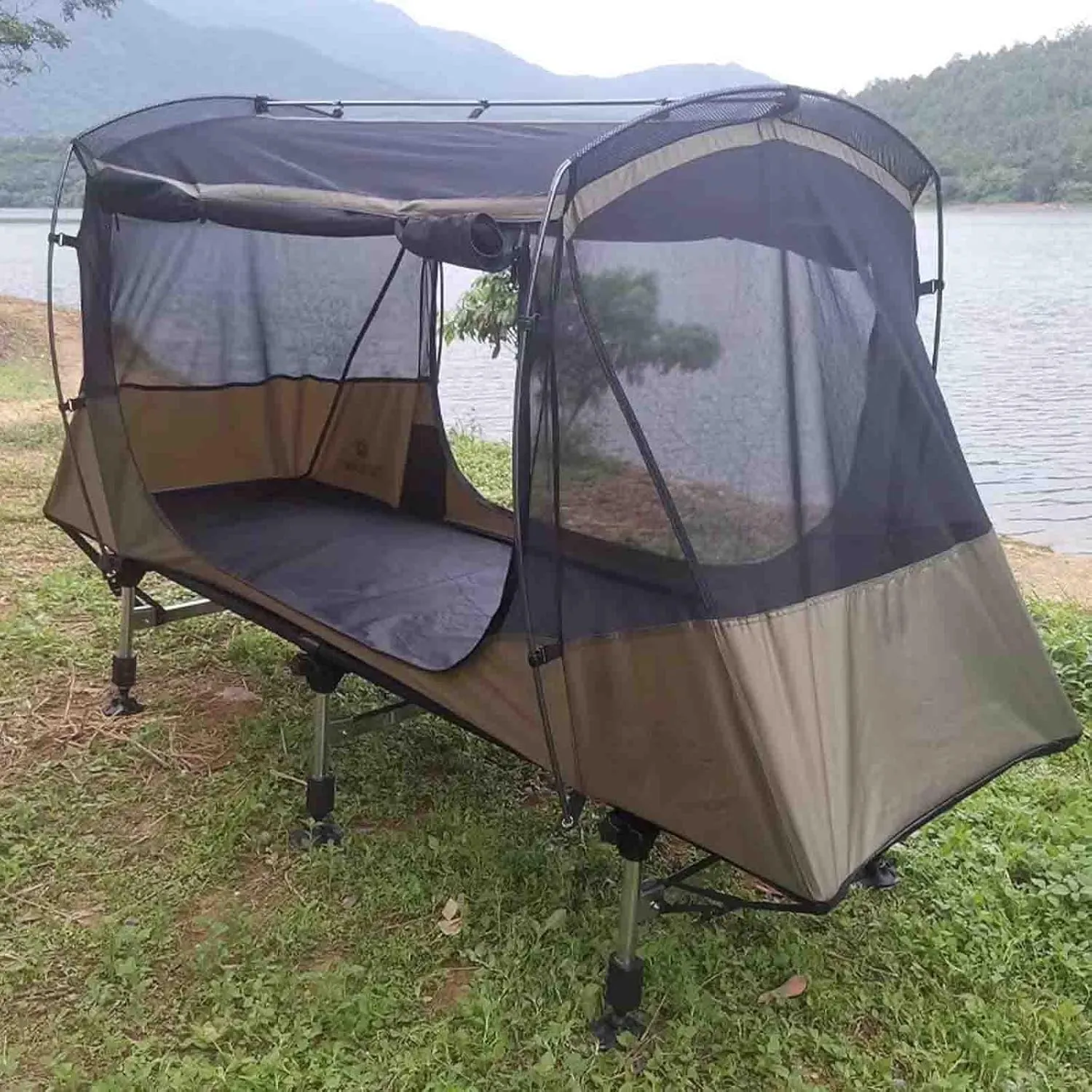 Camping Tent Cot, Folding Camping Bed with Awning, Sleeping Bag, Bedspread, Off Ground Elevated 1 Person Tent with Carrying Bag