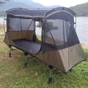 Camping Tent Cot, Folding Camping Bed with Awning, Sleeping Bag, Bedspread, Off Ground Elevated 1 Person Tent with Carrying Bag