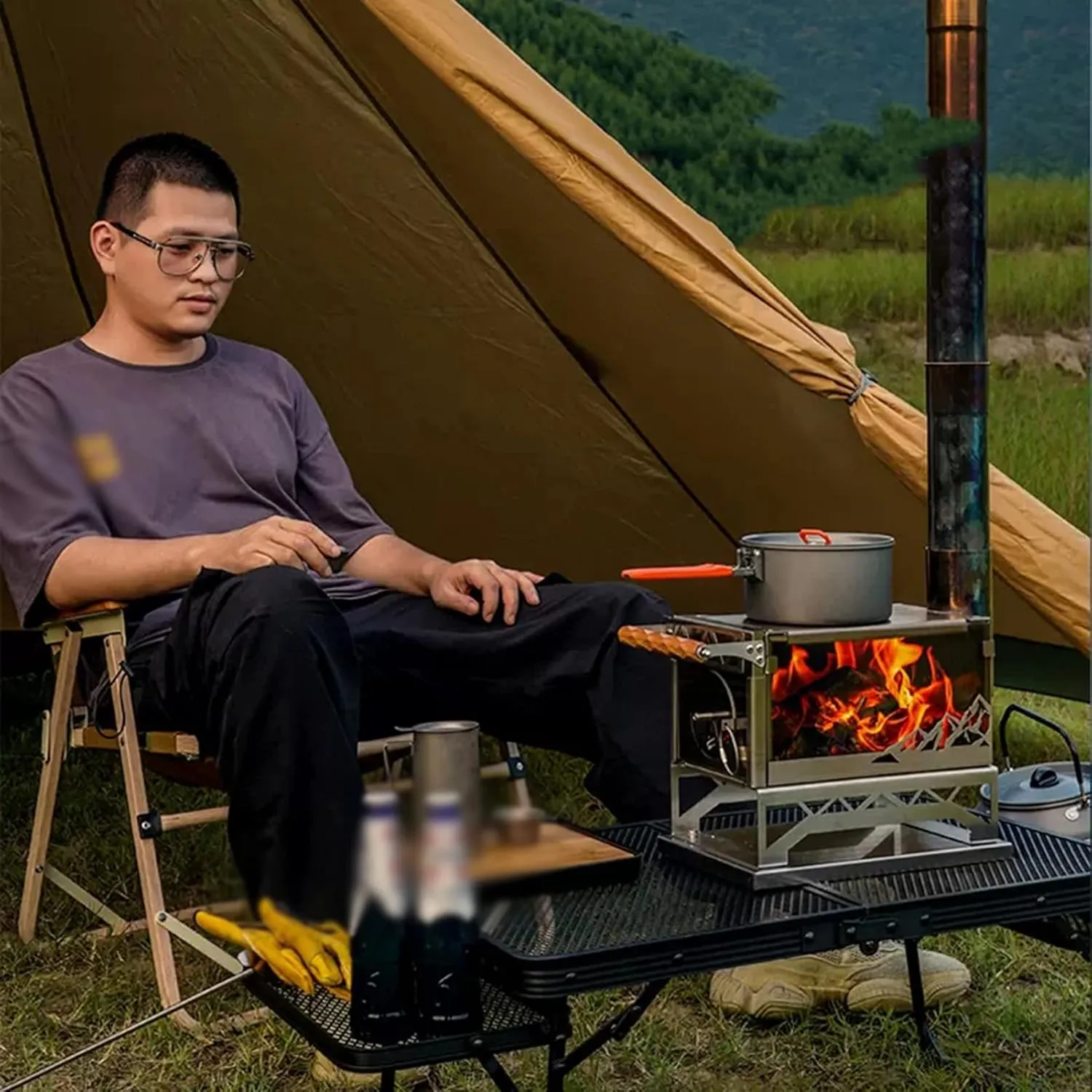 Camping Wood Burning Stove, 304 Stainless Steel Compact Portable Foldable Tent Stove for Backpacking Hiking Travelling Outdoor Cooking Picnic BBQ