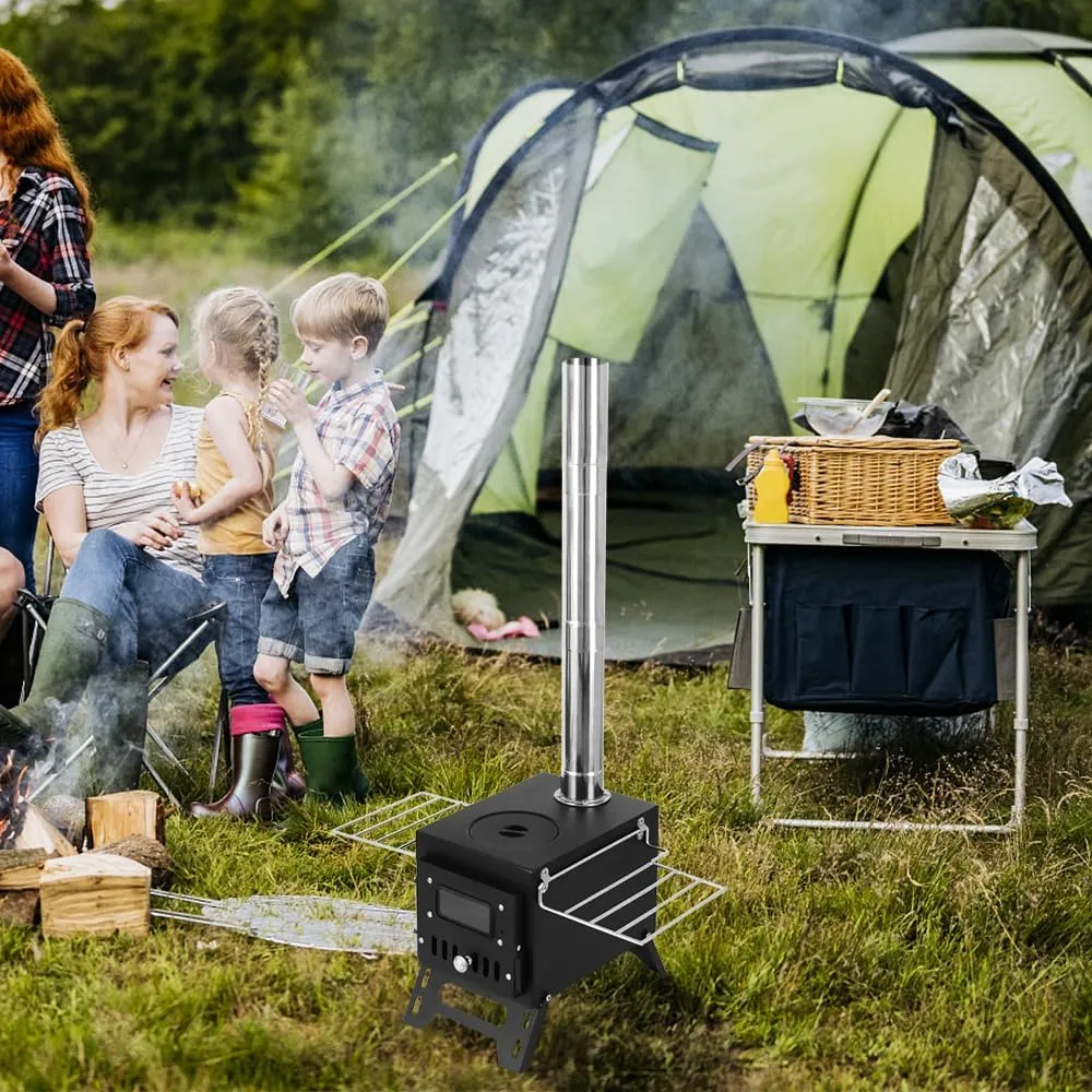Camping Wood Stove - Stainless Steel Tent Heater with Fire Viewing Window | Portable Foldable Fireplace for Campfire Cooking & Picnics | Indoor/Outdoor Patio Burner with Spark Screen (Windproof D