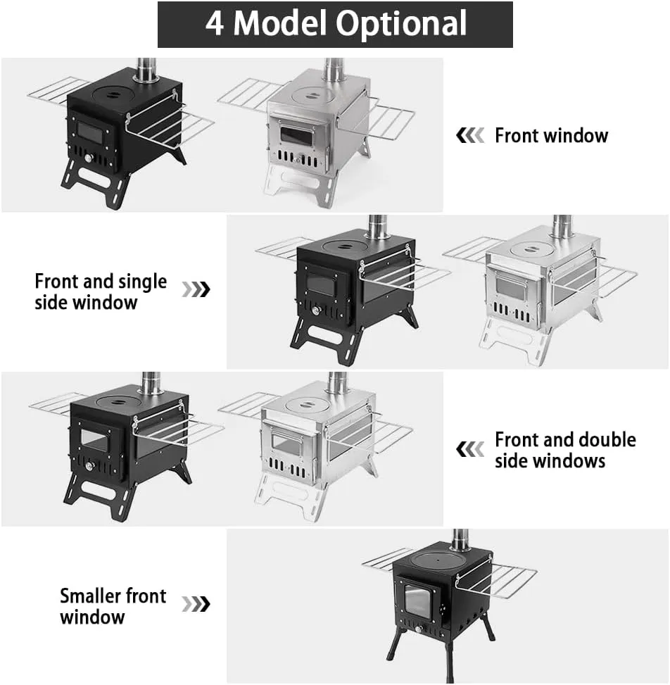 Camping Wood Stove - Stainless Steel Tent Heater with Fire Viewing Window | Portable Foldable Fireplace for Campfire Cooking & Picnics | Indoor/Outdoor Patio Burner with Spark Screen (Windproof D