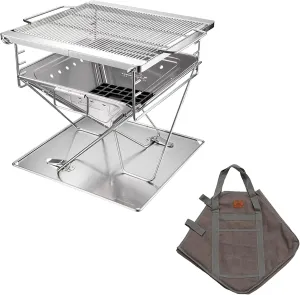 CAMPINGMOON 3-in-1 Portable Stainless Steel Wood Burning Grill and Fire Pit 16x18-inch with Carrying Bag MT-045