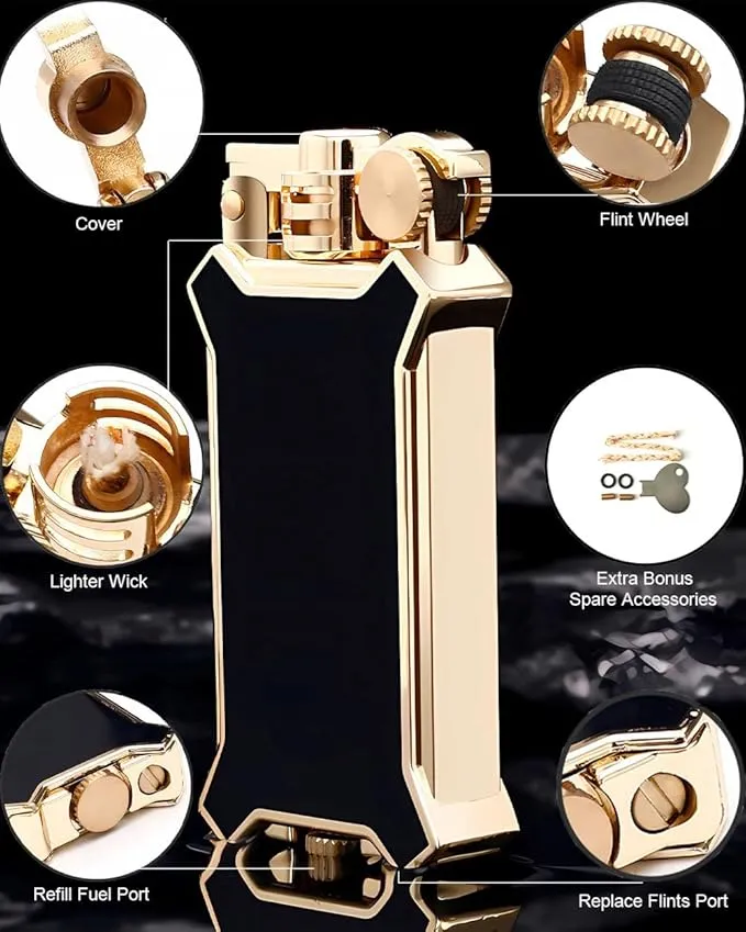 Candle Lighter Soft Flame Refillable Fluid Wheel Lighter Multipurpose Cool Vintage Lighters with Gift Box for Cooking Fireworks Camping Collection Gift (Gold)
