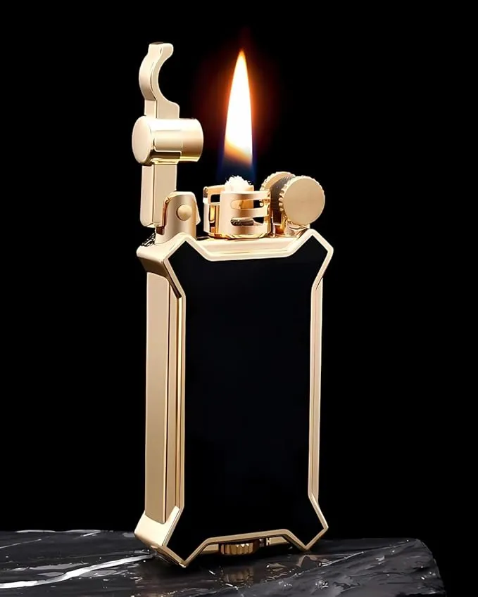 Candle Lighter Soft Flame Refillable Fluid Wheel Lighter Multipurpose Cool Vintage Lighters with Gift Box for Cooking Fireworks Camping Collection Gift (Gold)