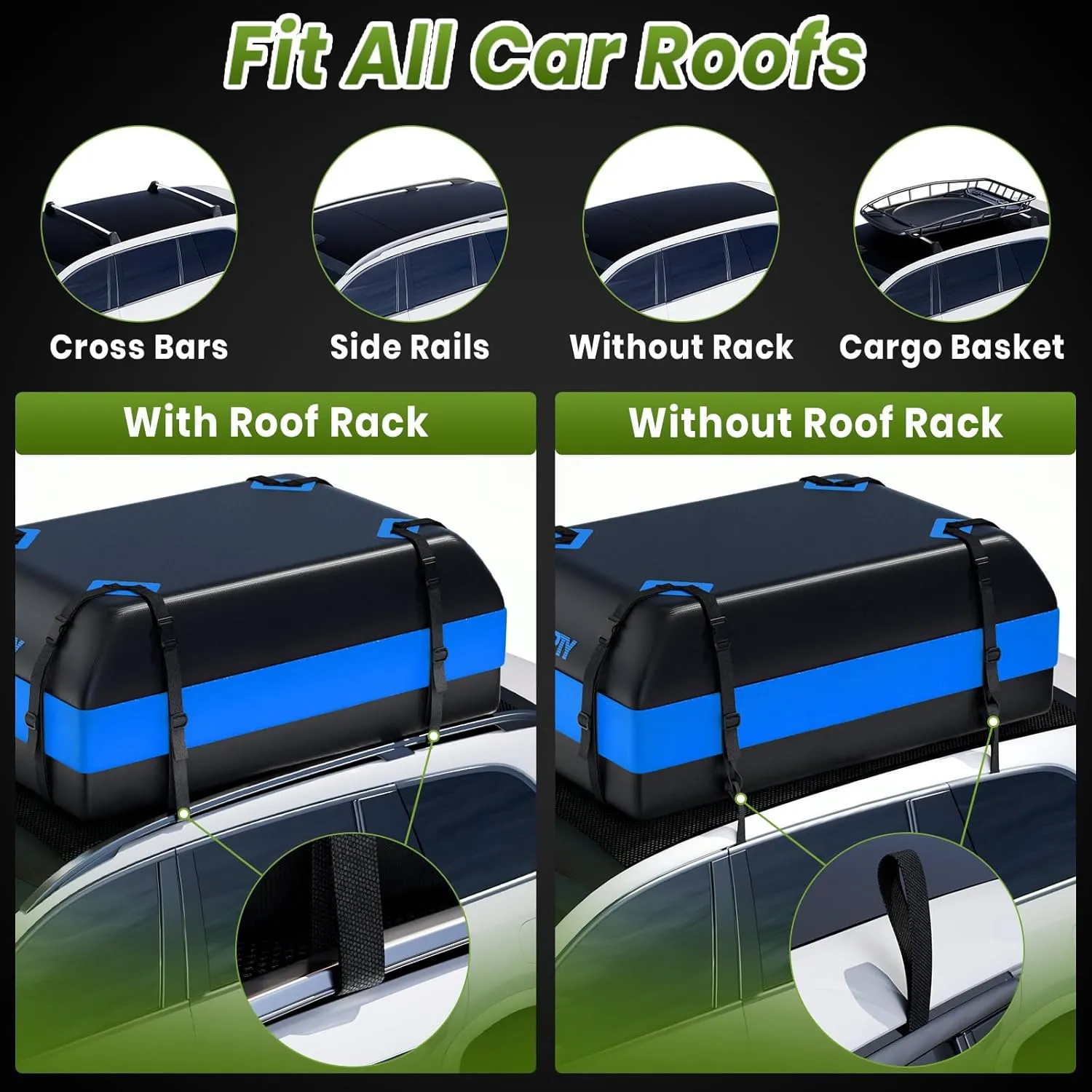 Car Rooftop Cargo Carrier Bag, 16 Cubic Feet Soft Roof Top Luggage Bag for All Vechicles with/Without Racks - with Waterproof Zip, Anti-Slip Mat, Door Hooks, Luggage Lock, Storage Bag