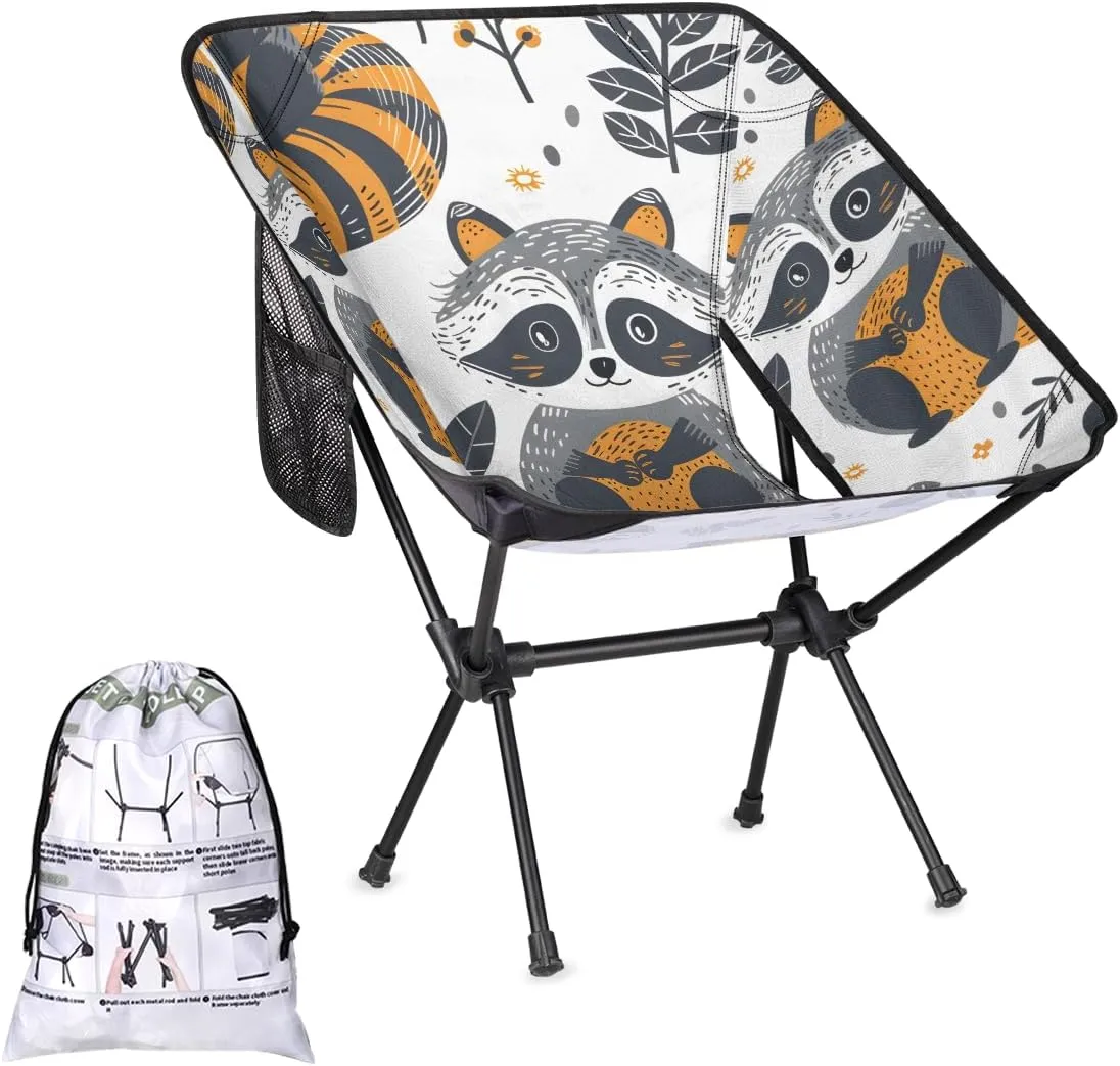 Cartoon Raccoons Camping Chair Lightweight Portable Chairs for Adults Easy Installation Outdoor Foldable Camping Chair for Camping Fishing Hiking Picnic Beach