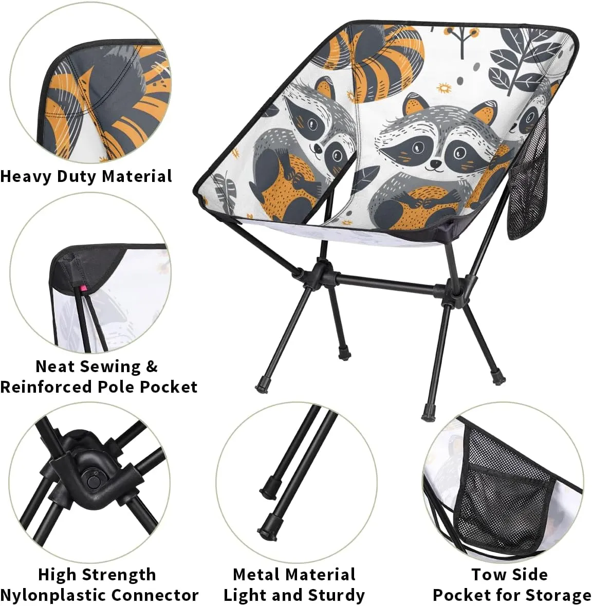 Cartoon Raccoons Camping Chair Lightweight Portable Chairs for Adults Easy Installation Outdoor Foldable Camping Chair for Camping Fishing Hiking Picnic Beach