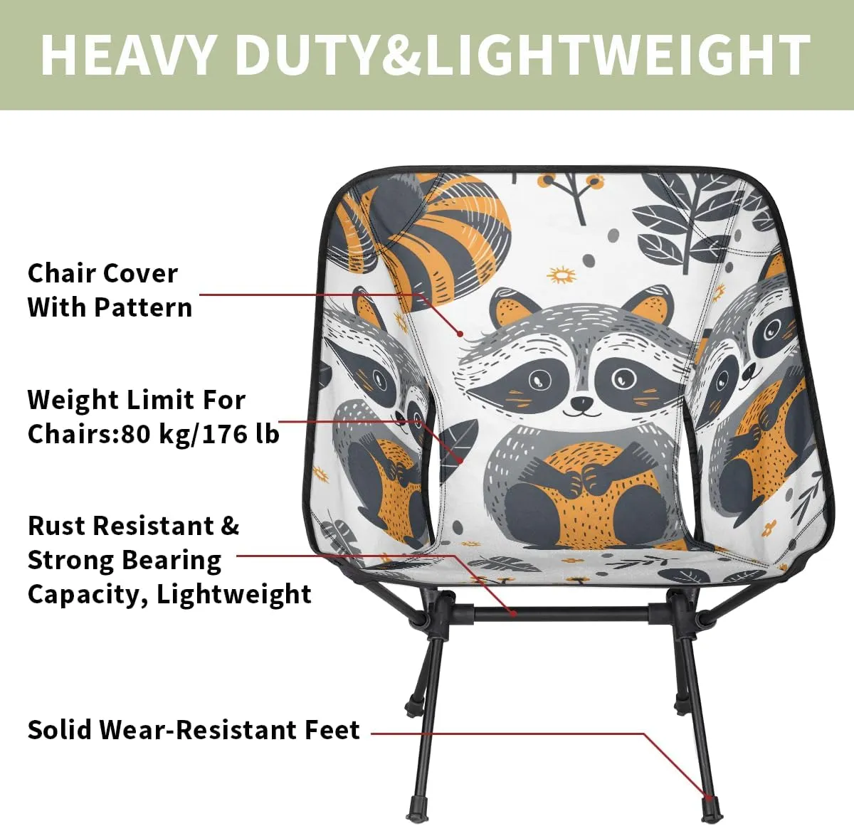 Cartoon Raccoons Camping Chair Lightweight Portable Chairs for Adults Easy Installation Outdoor Foldable Camping Chair for Camping Fishing Hiking Picnic Beach