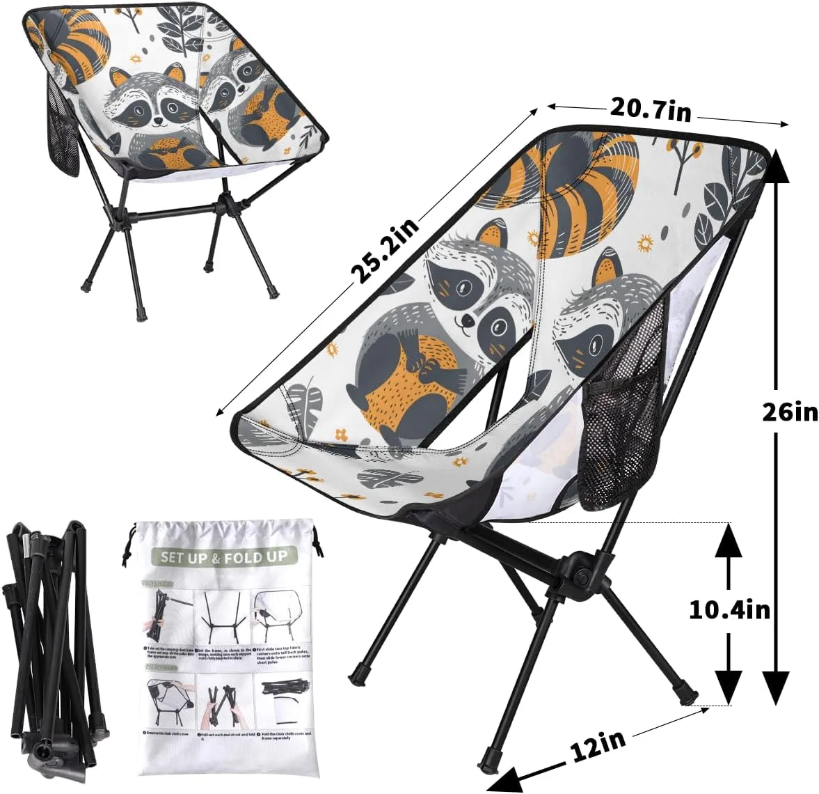 Cartoon Raccoons Camping Chair Lightweight Portable Chairs for Adults Easy Installation Outdoor Foldable Camping Chair for Camping Fishing Hiking Picnic Beach