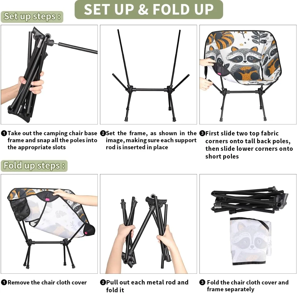 Cartoon Raccoons Camping Chair Lightweight Portable Chairs for Adults Easy Installation Outdoor Foldable Camping Chair for Camping Fishing Hiking Picnic Beach