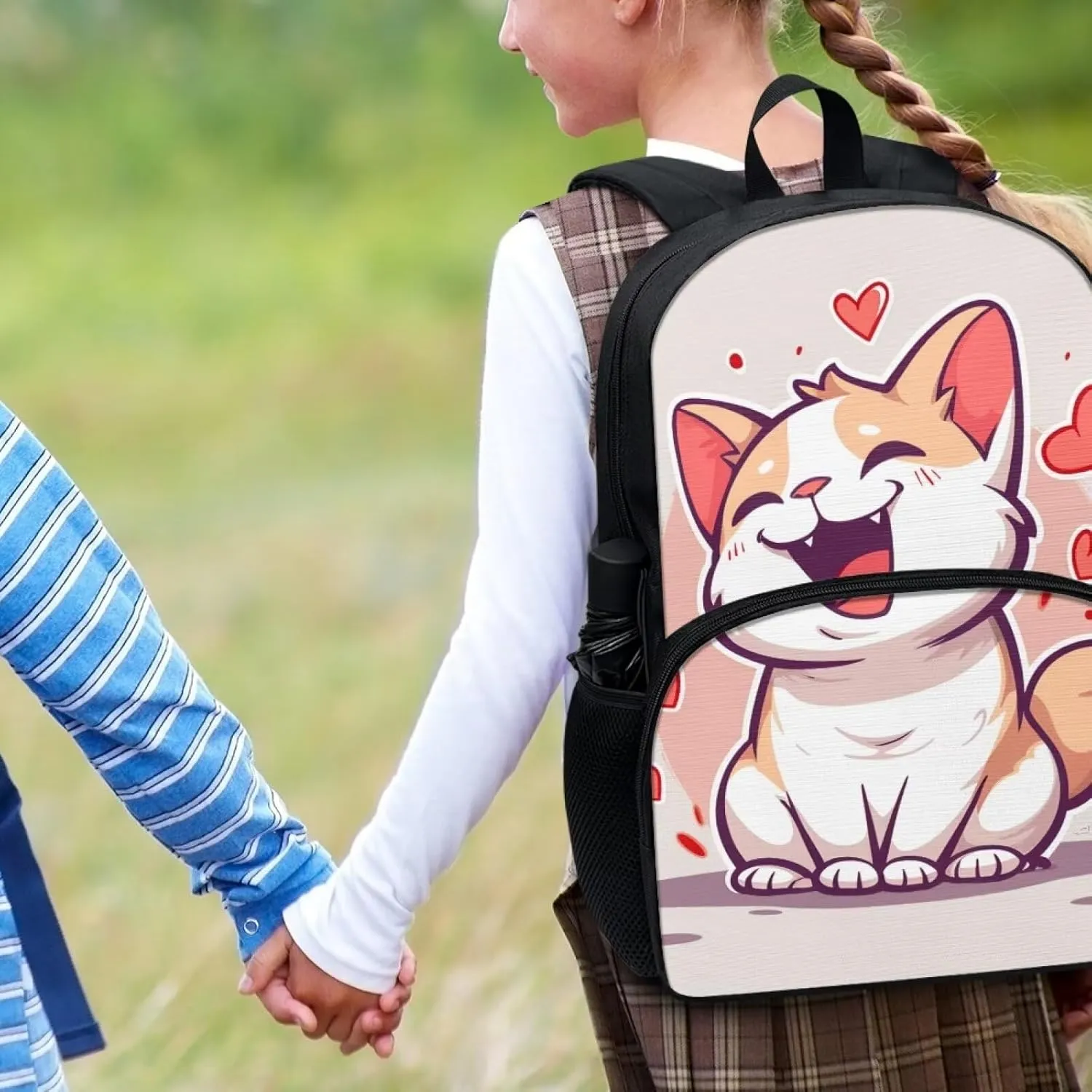 Cat Girls Backpack for Elementary School Lightweight Girls Bookbag Kids School Bag Multi-Pockets Portable Backpacks for Kids for Picnic Travel Outdoor