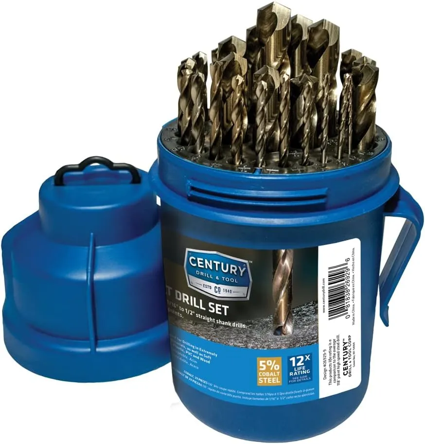 Century Drill & Tool, 26929, 29 PC Set,Jobber Drill Bit, Cobalt Steel, High Speed Drill Bit Pack