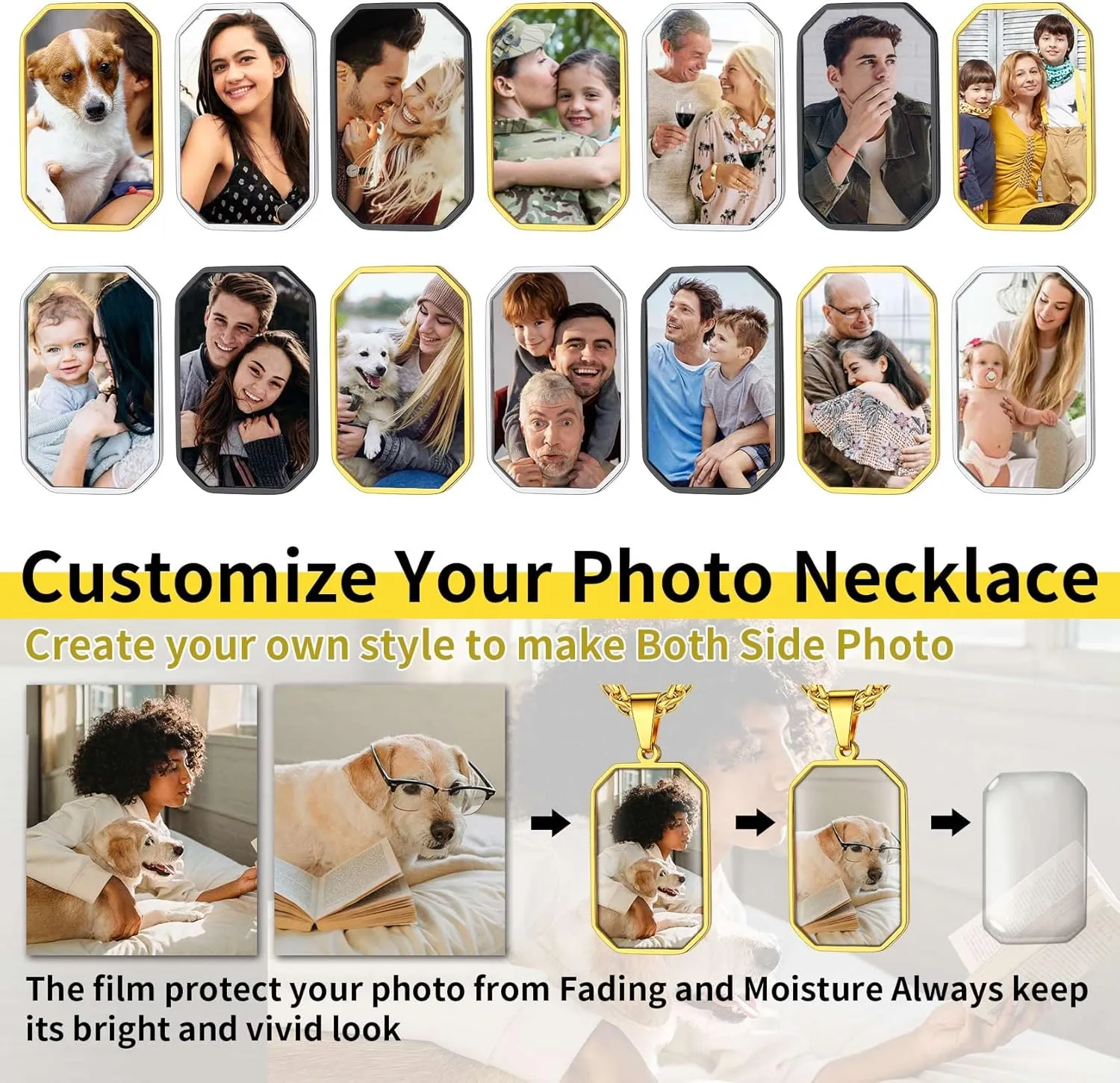 ChainsHouse Personalized Photo Necklace Men Women, Stainless Steel/18K Gold Plated Chain, Custom Picture Image Engrave Text Rectangular/Heart/Oval/Dogtag Pendant DIY Memorial Jewelry,Send Gift Box