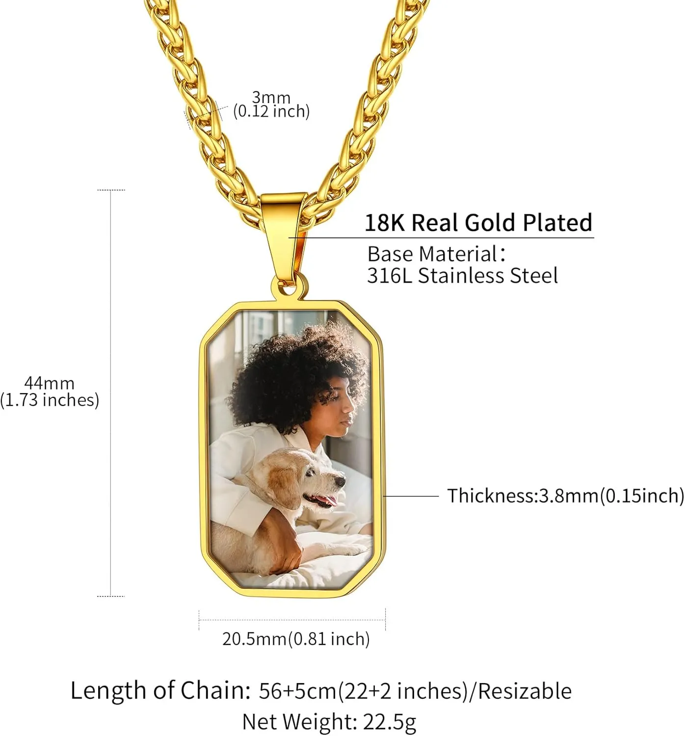 ChainsHouse Personalized Photo Necklace Men Women, Stainless Steel/18K Gold Plated Chain, Custom Picture Image Engrave Text Rectangular/Heart/Oval/Dogtag Pendant DIY Memorial Jewelry,Send Gift Box