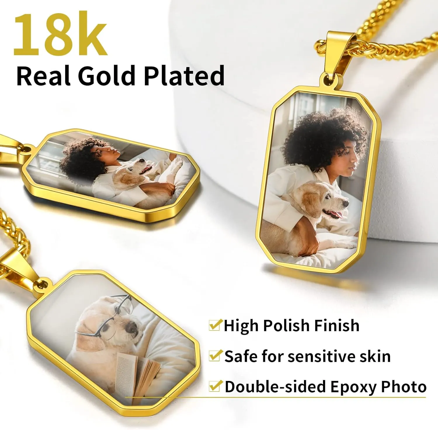 ChainsHouse Personalized Photo Necklace Men Women, Stainless Steel/18K Gold Plated Chain, Custom Picture Image Engrave Text Rectangular/Heart/Oval/Dogtag Pendant DIY Memorial Jewelry,Send Gift Box