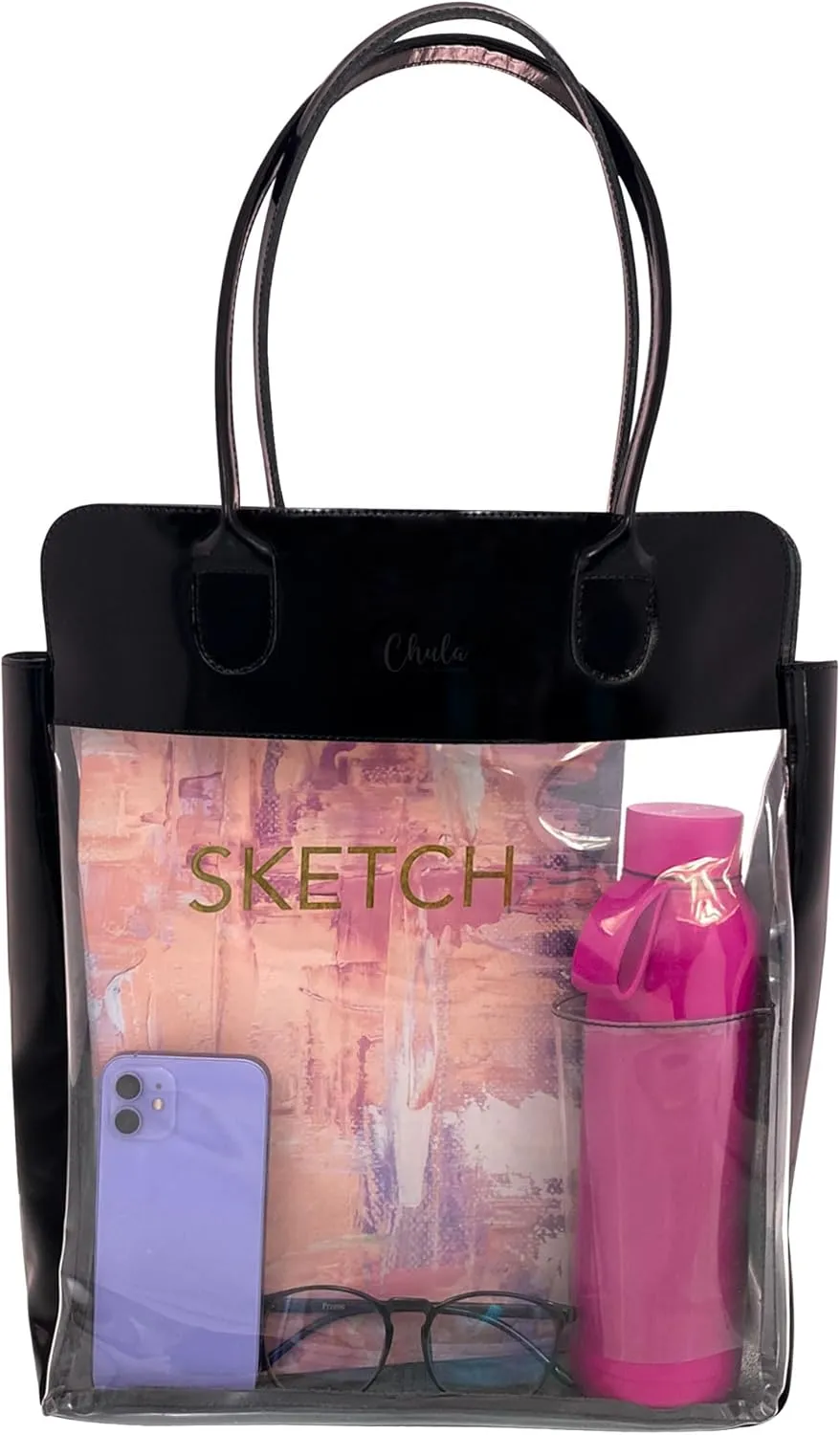 Chula, Female Purse with Insider Bottle Holder, Rectangular Purse, Carry-On Bag, Tote Bag, PVC Material and Full Grain Leather, Handmade, Obsidian