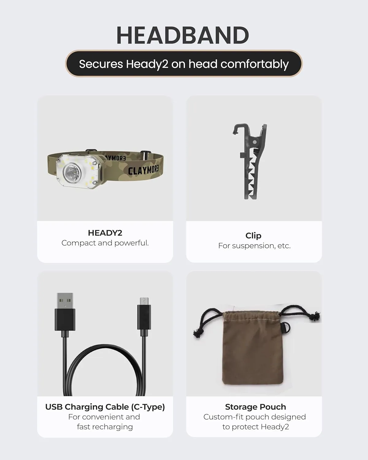 Claymore Heady2 (Tan) - Rechargeable LED Headlamp Flashlight, Lightweight for Camping, Running, Hiking, Emergency & Industrial Use. USB-C Charging, Up to 40 Hours Battery Life, Waterproof.