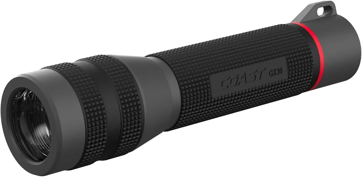 Coast GX30 2300 Lumen Waterproof Alkaline and Rechargeable Dual Power LED Flashlight with Twist Focus, Anti-Roll Cap and Textured Handle, 6 x AA Batteries Included (length 8.5 inches)
