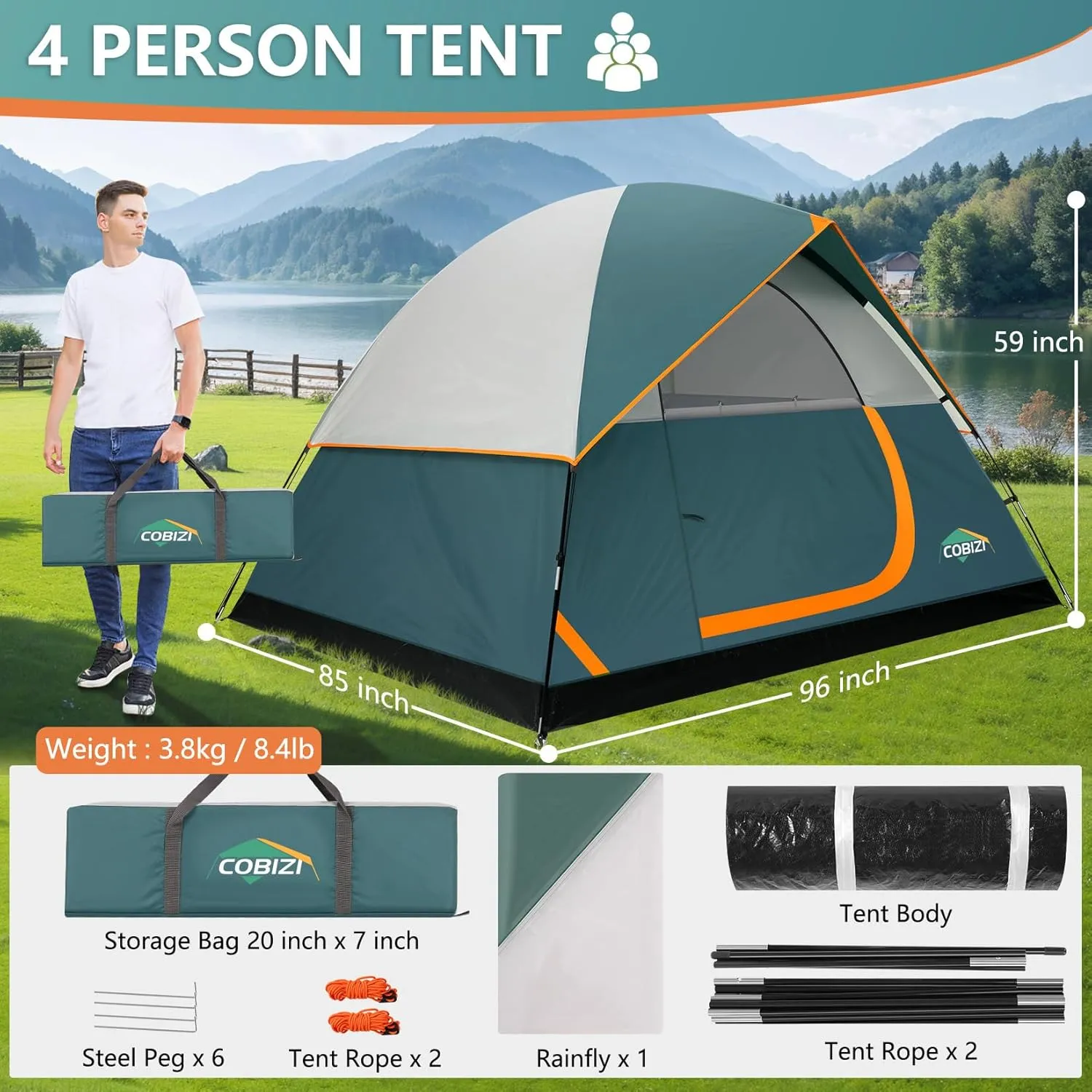 COBIZI 4/6 Person Tent for Camping Waterproof PU-Coated with Removable Rainfly, Easy Setup Family Tent with Large Mesh Windows, 3 Season Portable Dome Tent for Outdoor, Scouts, Hiking & Traveling