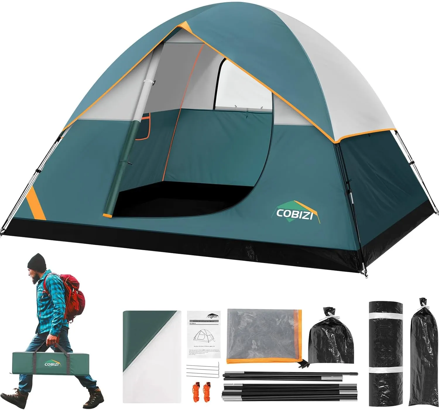 COBIZI 4/6 Person Tent for Camping Waterproof PU-Coated with Removable Rainfly, Easy Setup Family Tent with Large Mesh Windows, 3 Season Portable Dome Tent for Outdoor, Scouts, Hiking & Traveling