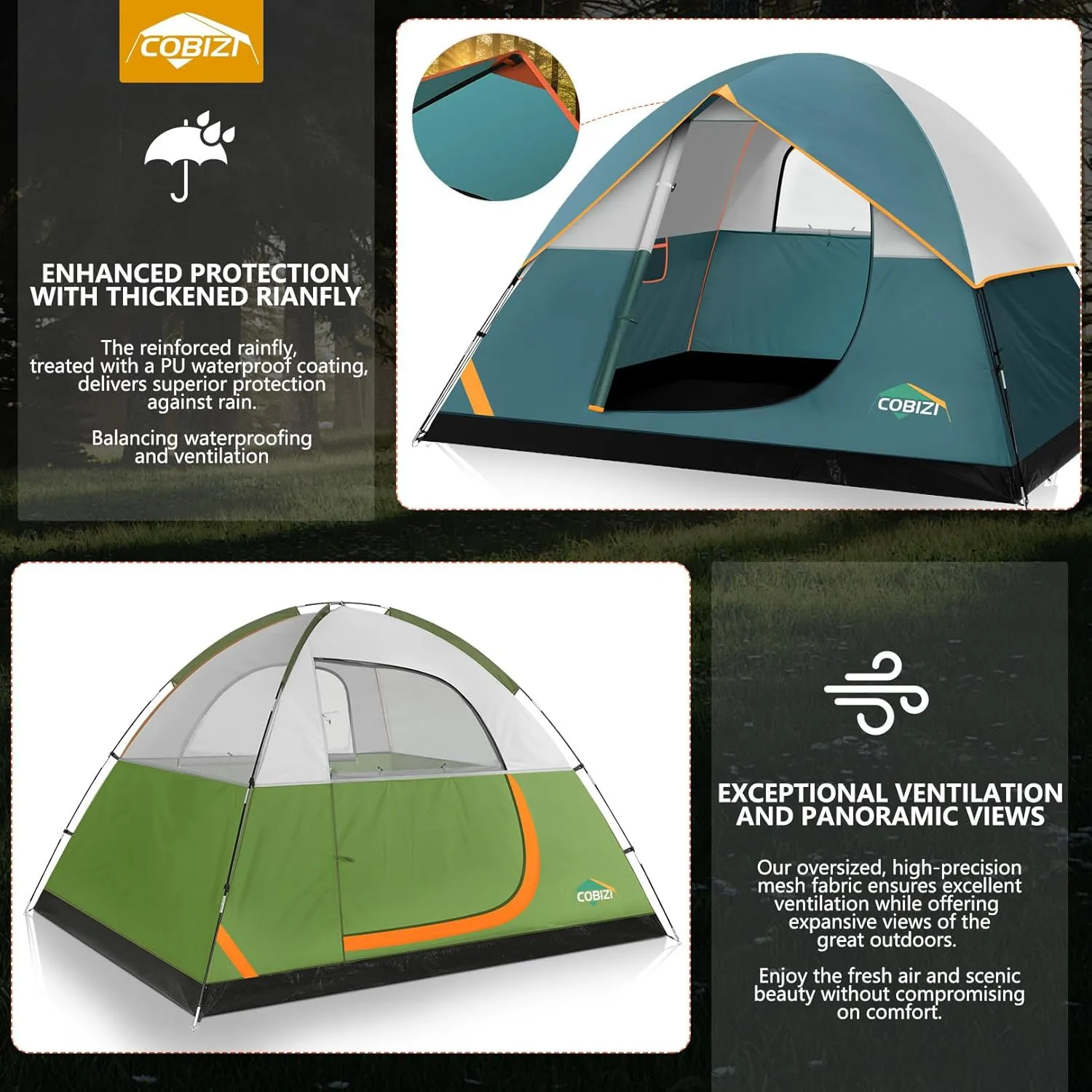 COBIZI 4/6 Person Tent for Camping Waterproof PU-Coated with Removable Rainfly, Easy Setup Family Tent with Large Mesh Windows, 3 Season Portable Dome Tent for Outdoor, Scouts, Hiking & Traveling