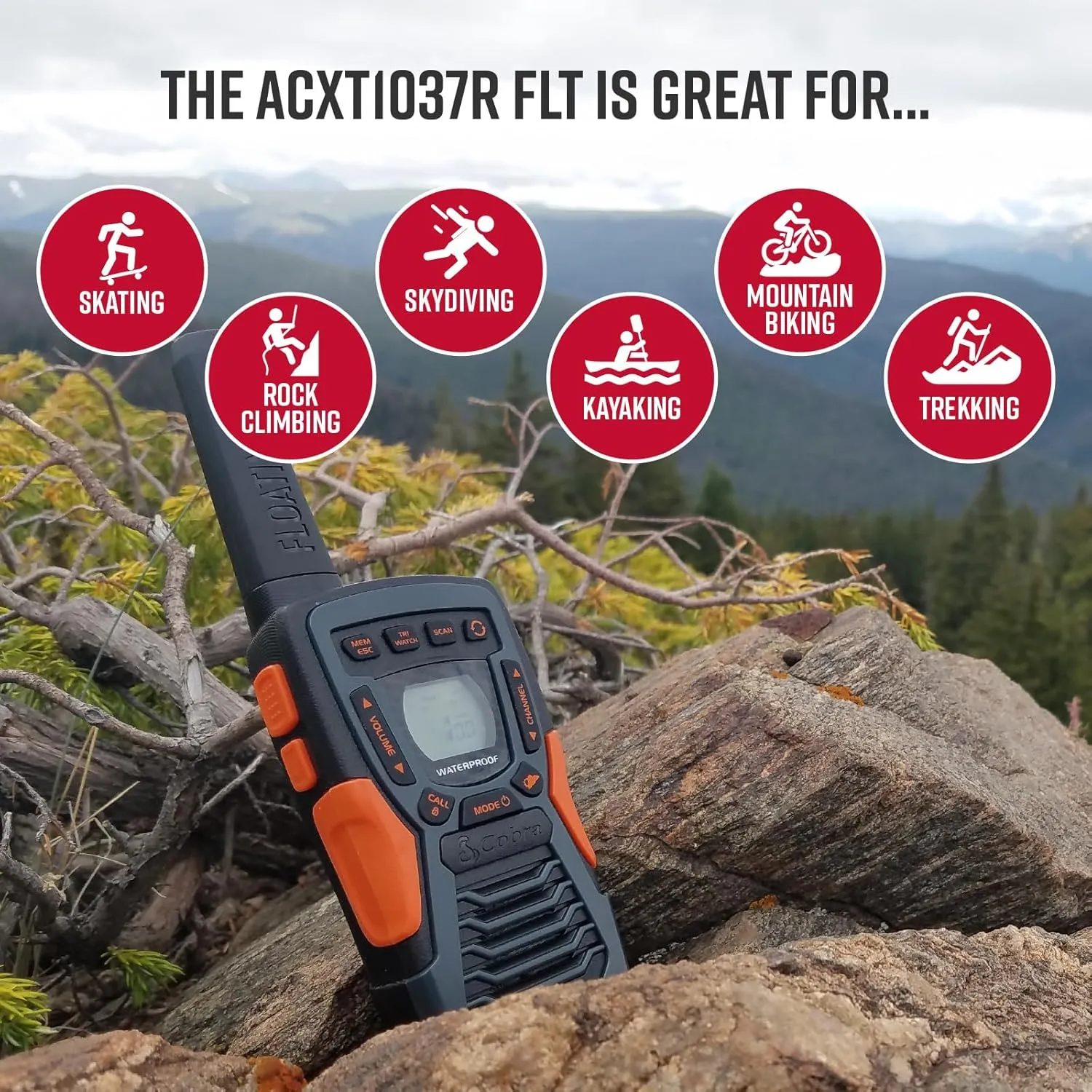 Cobra ACXT1037R FLT Floating Walkie Talkie - Waterproof, Rechargeable, Long Range up to 37-Mile Two Way Radio with NOAA Weather Alert & VOX, (1 Pack)