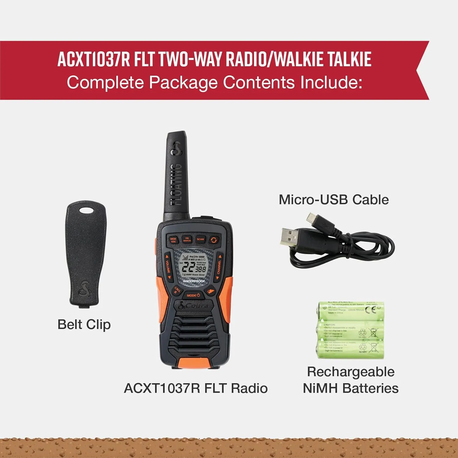 Cobra ACXT1037R FLT Floating Walkie Talkie - Waterproof, Rechargeable, Long Range up to 37-Mile Two Way Radio with NOAA Weather Alert & VOX, (1 Pack)
