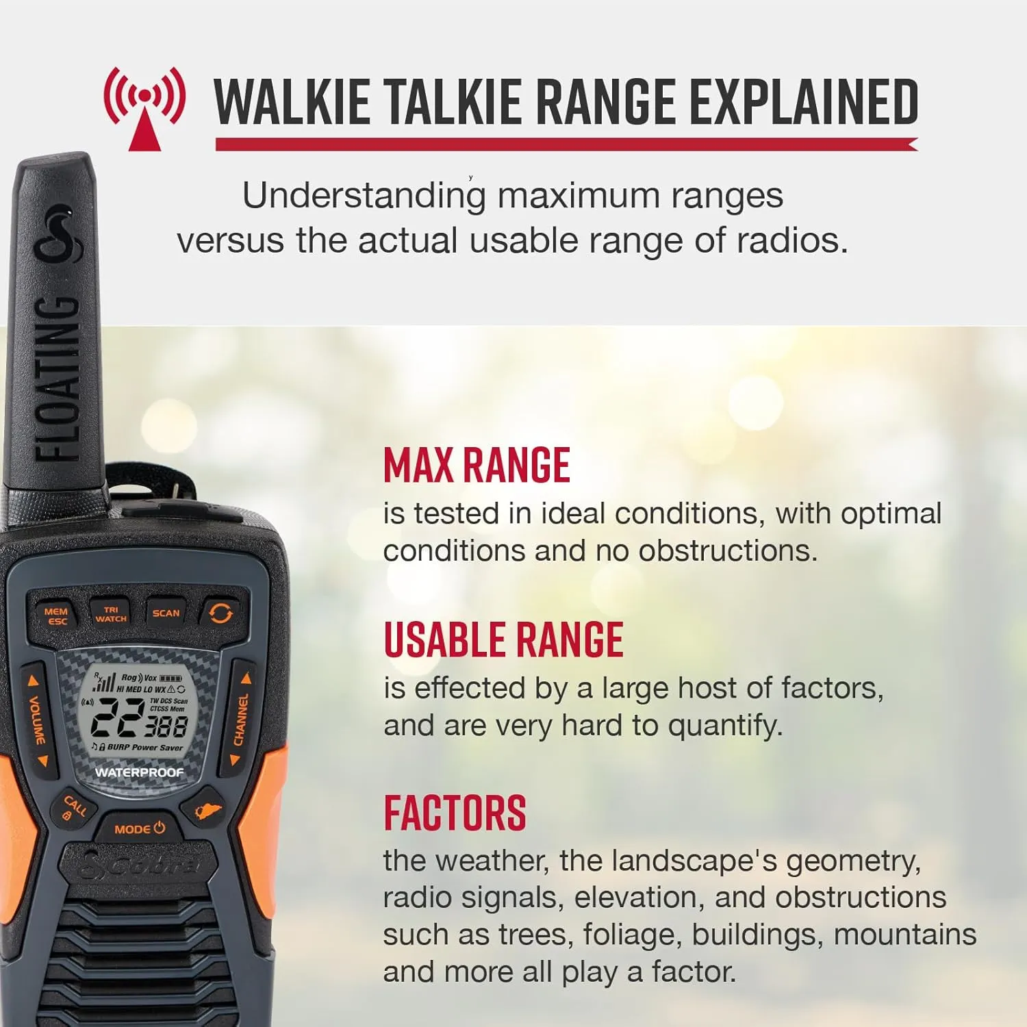 Cobra ACXT1037R FLT Floating Walkie Talkie - Waterproof, Rechargeable, Long Range up to 37-Mile Two Way Radio with NOAA Weather Alert & VOX, (1 Pack)