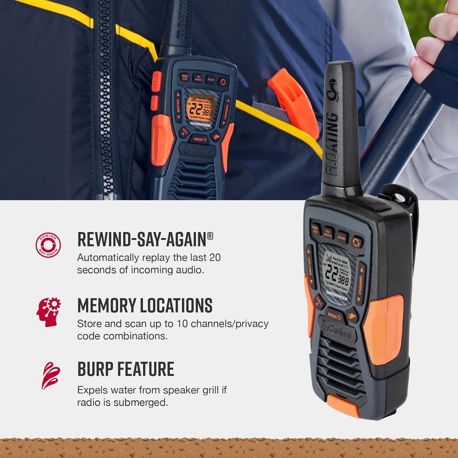 Cobra ACXT1037R FLT Floating Walkie Talkie - Waterproof, Rechargeable, Long Range up to 37-Mile Two Way Radio with NOAA Weather Alert & VOX, (1 Pack)
