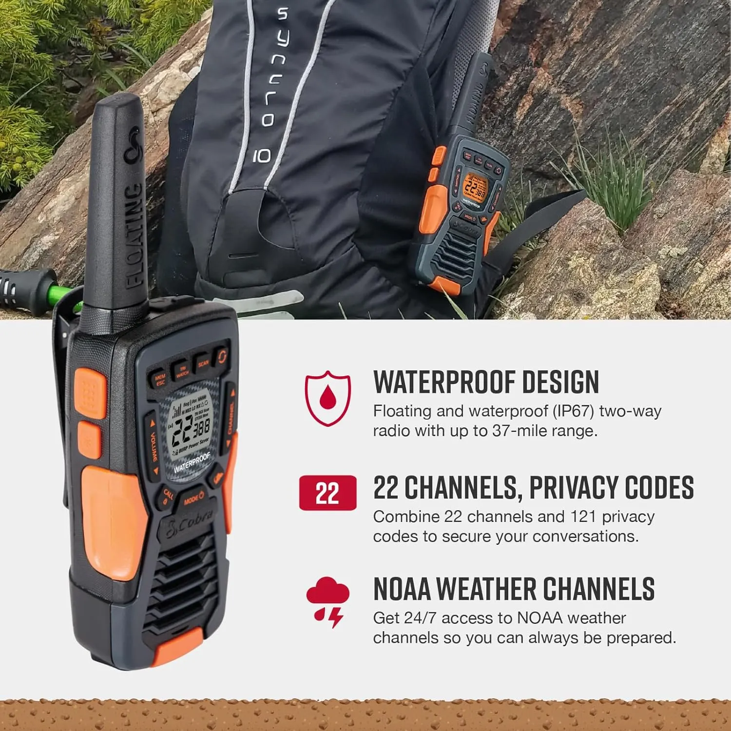 Cobra ACXT1037R FLT Floating Walkie Talkie - Waterproof, Rechargeable, Long Range up to 37-Mile Two Way Radio with NOAA Weather Alert & VOX, (1 Pack)