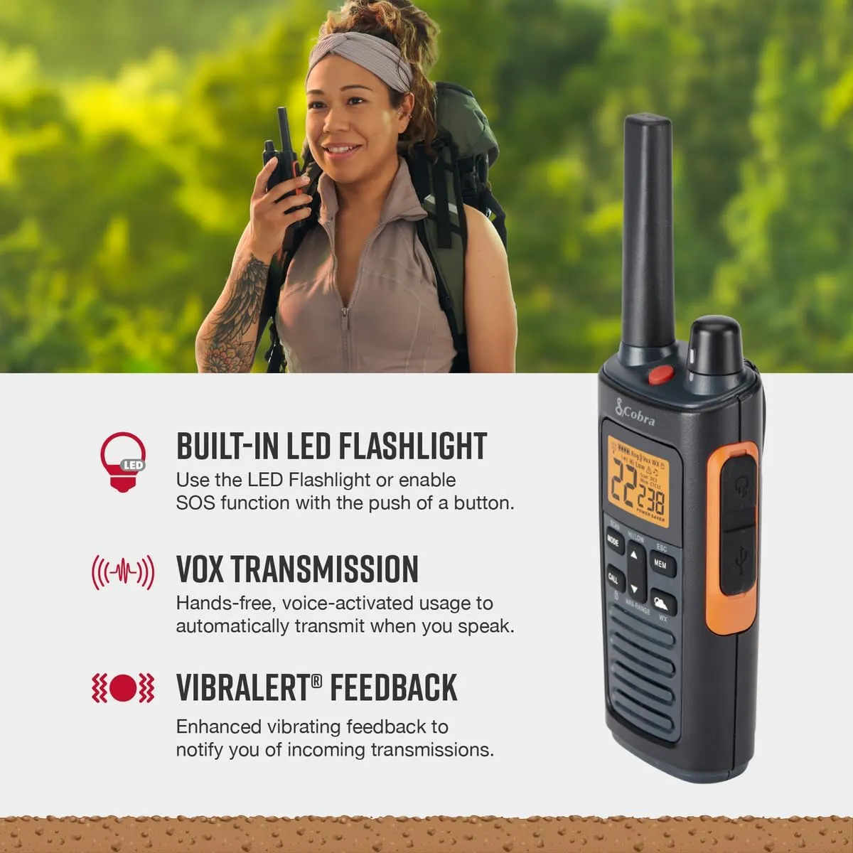 Cobra RX680 Waterproof Walkie Talkies - Rechargeable, 60 Preset Channels, Long Range 38-Mile Two-Way Radio Set (2-Pack),Black and Orange