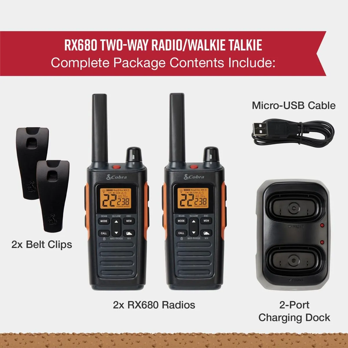 Cobra RX680 Waterproof Walkie Talkies - Rechargeable, 60 Preset Channels, Long Range 38-Mile Two-Way Radio Set (2-Pack),Black and Orange