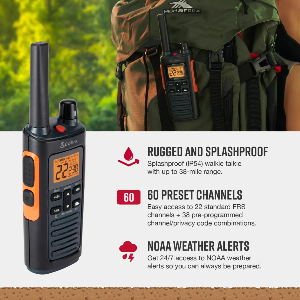 Cobra RX680 Waterproof Walkie Talkies - Rechargeable, 60 Preset Channels, Long Range 38-Mile Two-Way Radio Set (2-Pack),Black and Orange