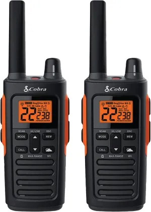 Cobra RX680 Waterproof Walkie Talkies - Rechargeable, 60 Preset Channels, Long Range 38-Mile Two-Way Radio Set (2-Pack),Black and Orange