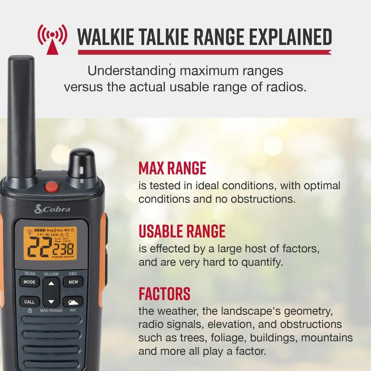 Cobra RX680 Waterproof Walkie Talkies - Rechargeable, 60 Preset Channels, Long Range 38-Mile Two-Way Radio Set (2-Pack),Black and Orange