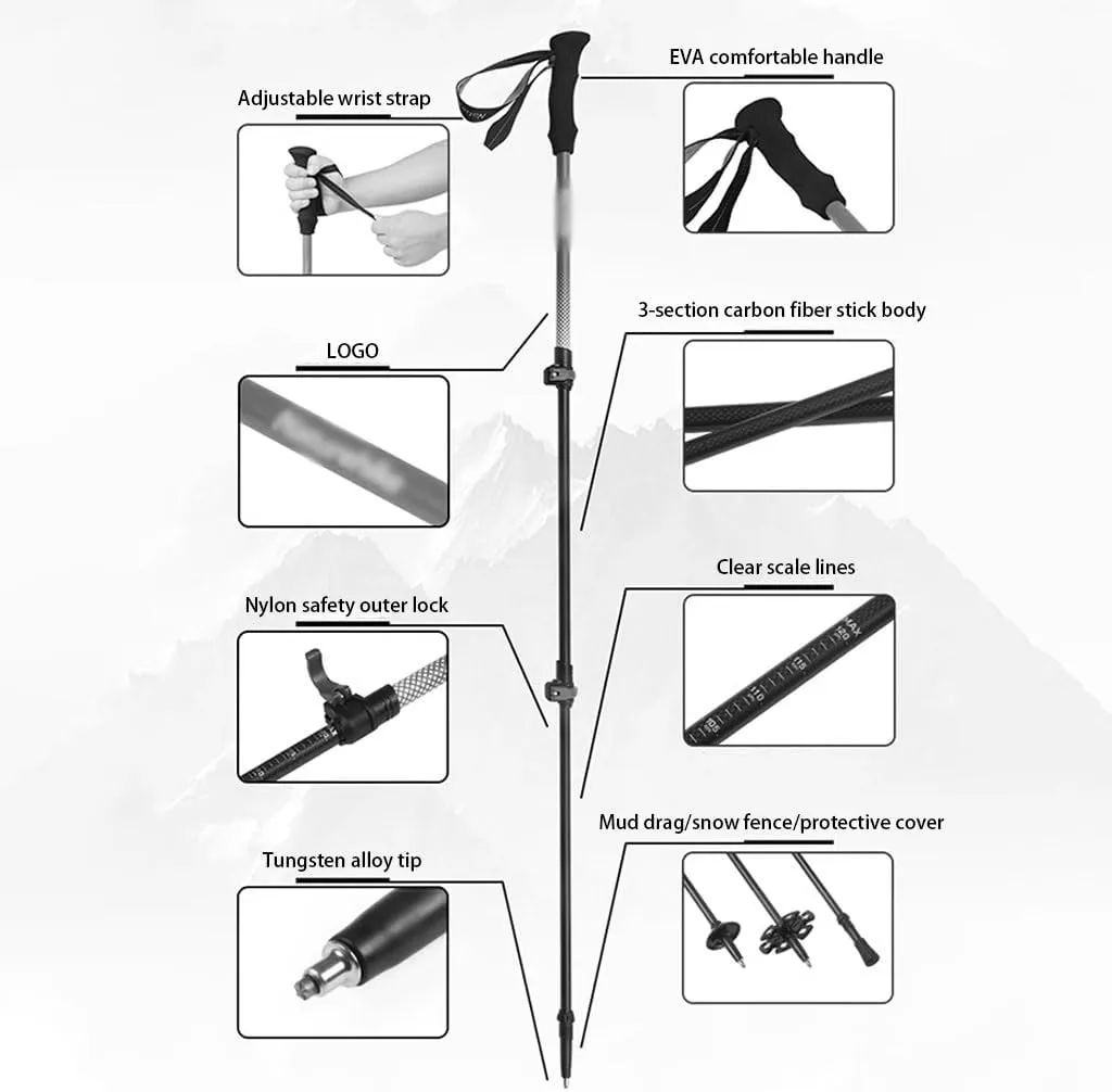 Collapsible Hiking and Trekking Poles, Anti-Shock and Quick Lock System, 3K Carbon Fiber with EVA Grip, 2pc Per Set