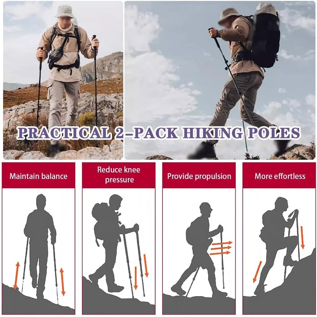 Collapsible Hiking and Trekking Poles, Anti-Shock and Quick Lock System, 3K Carbon Fiber with EVA Grip, 2pc Per Set