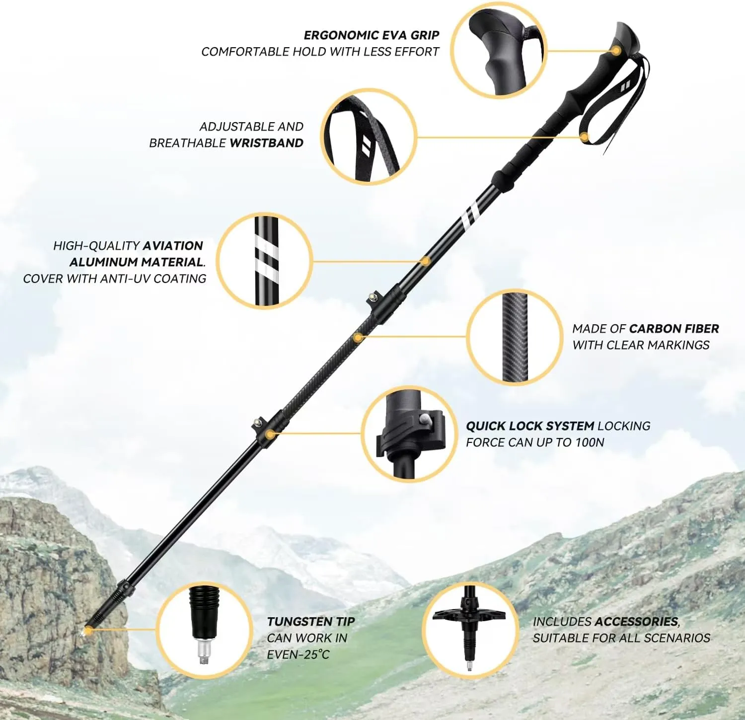 Collapsible Hiking Poles,1 Poles Lightweight Aluminum Adjustable Walking Poles,Carbon Fiber Trekking Poles with Flip Lock and EVA Grips Suitable for All Kinds of Travel