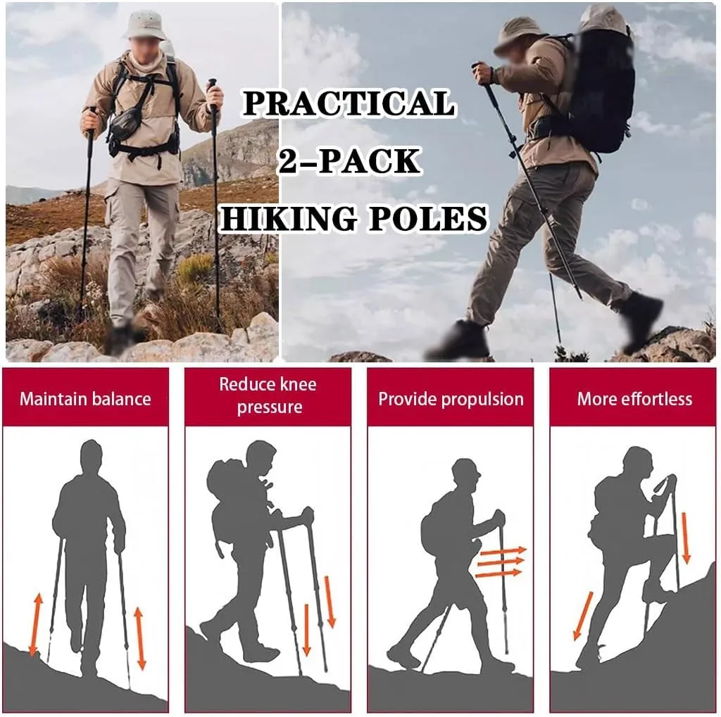 Compact 2 Pcs Trekking Poles, Quick Lock Adjustable Walking Stick, with EVA Grips, Adjustable Wrist Strap, for Travel