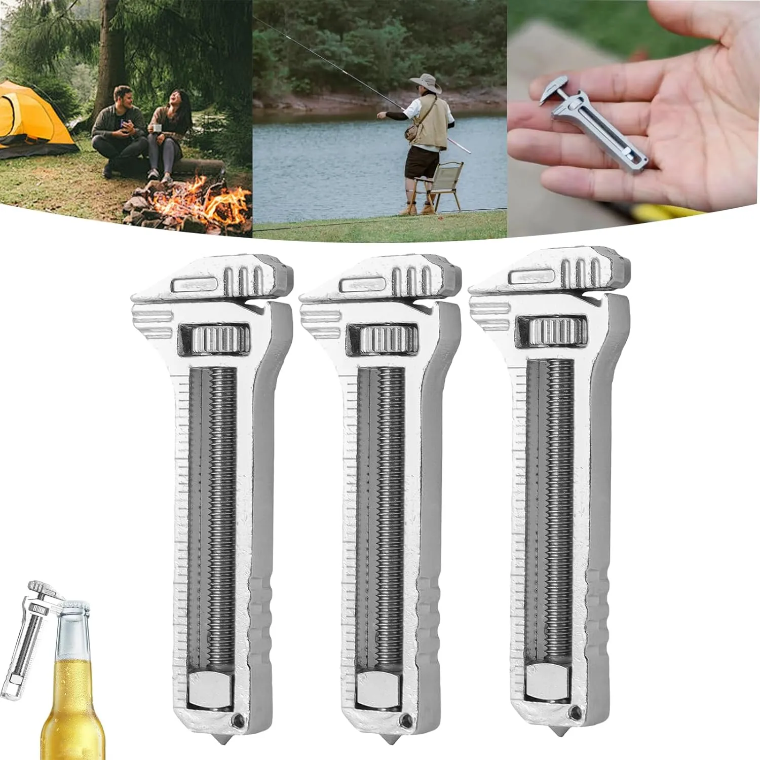 Compact Titanium Multitool, Compact Titanium Multitool Wrench, Multifunctional Adjustable Wrench Alloy Tool, Mini Portable Bottle Opener, For Outdoor Camping Hiking Backpacking Repairing (3, silver)