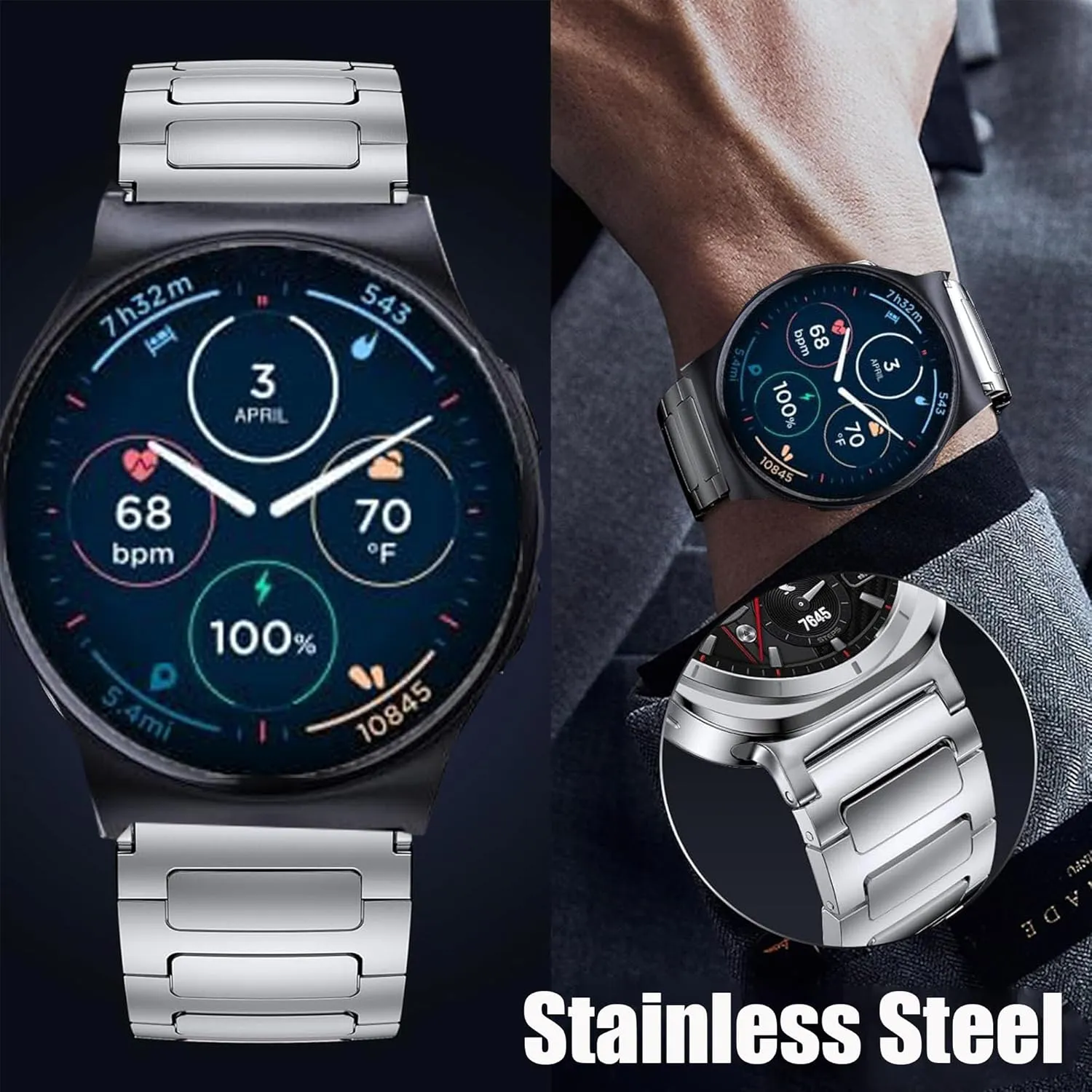 Compatible for Moto Watch 120, 22mm Solid Business Stainless Steel Metal Bands