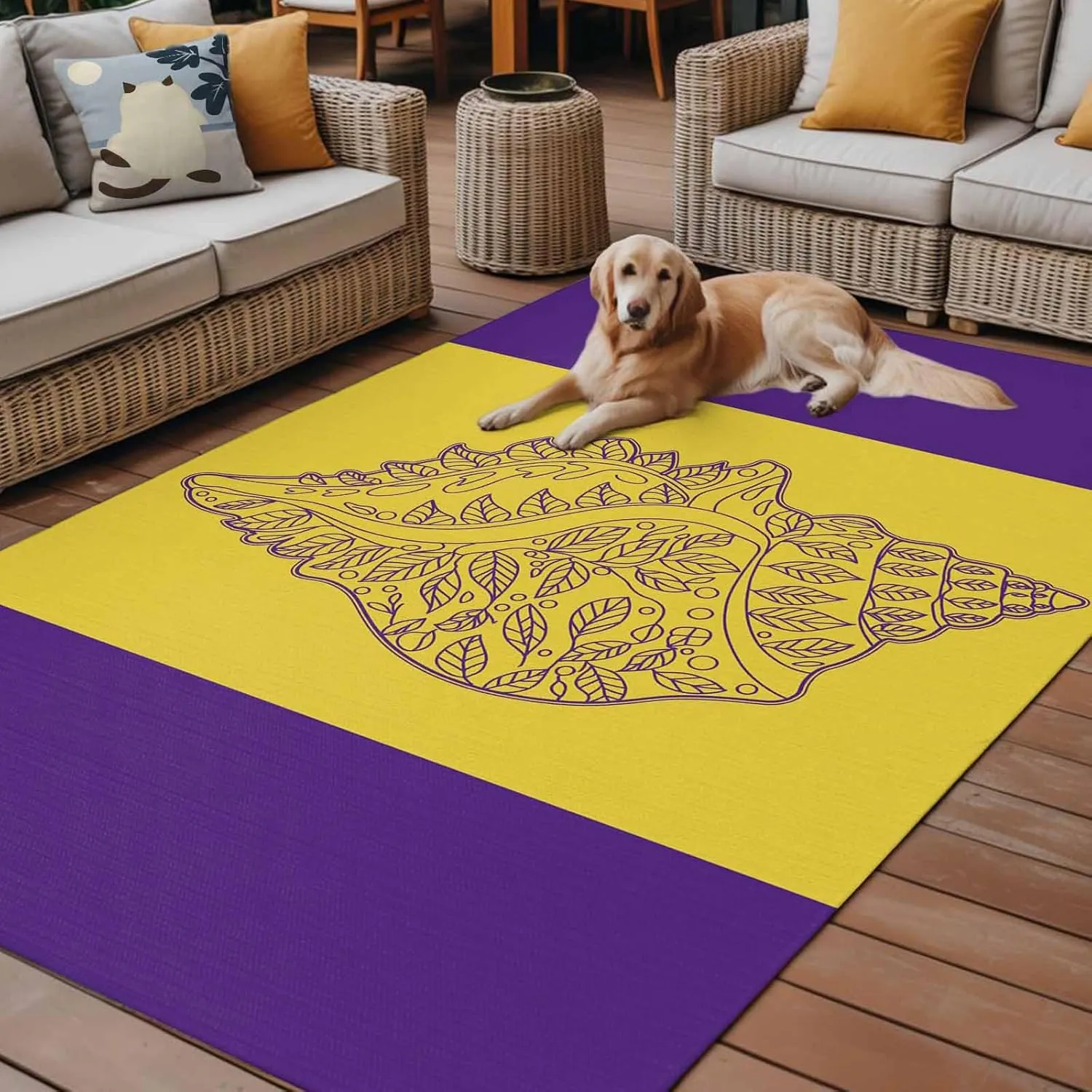Conch Mandalas Outdoor Rug 5x8ft Large Patio Rug,Washable RV Camping Outside Area Runner Rug Mat,Boho Modern Yellow Purple Abstract Stripe Carpet for Picnic Backyard Deck Porch Balcony Beach & Indoor