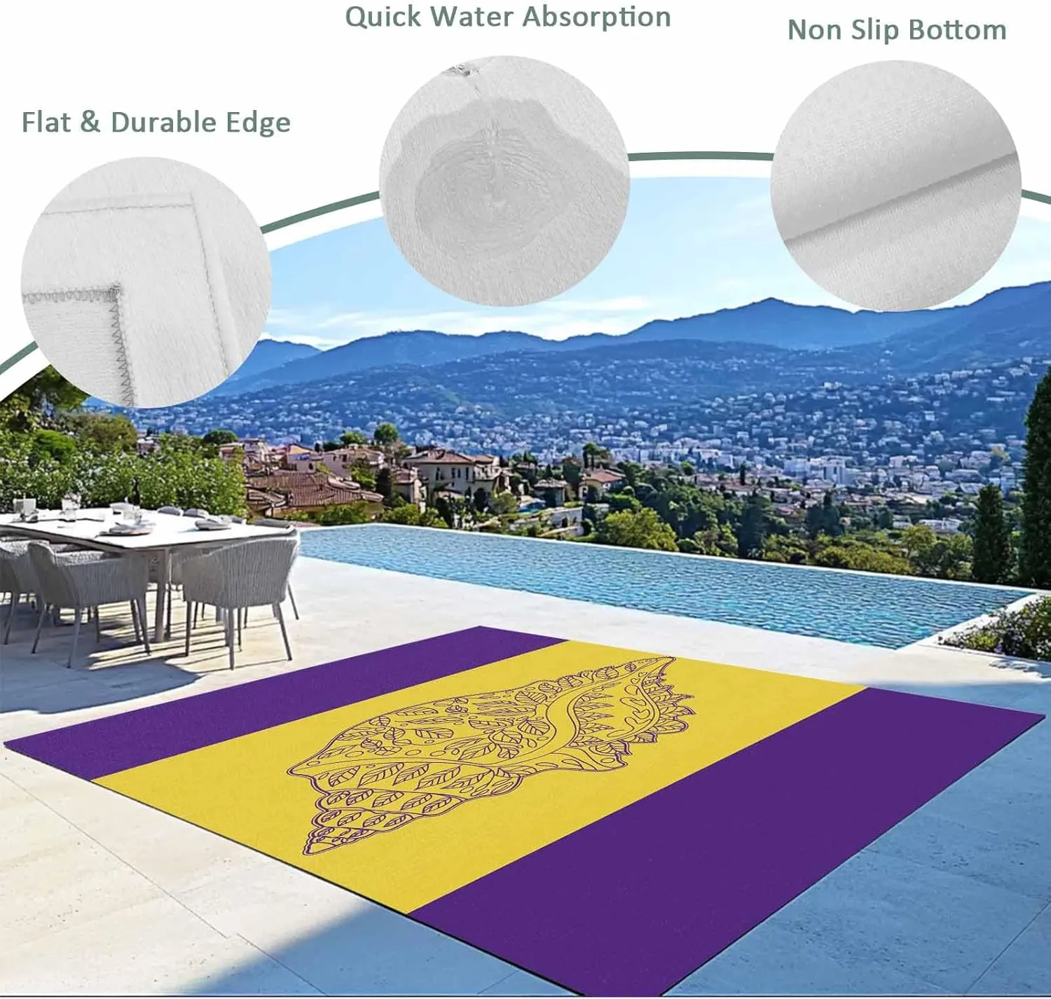 Conch Mandalas Outdoor Rug 5x8ft Large Patio Rug,Washable RV Camping Outside Area Runner Rug Mat,Boho Modern Yellow Purple Abstract Stripe Carpet for Picnic Backyard Deck Porch Balcony Beach & Indoor