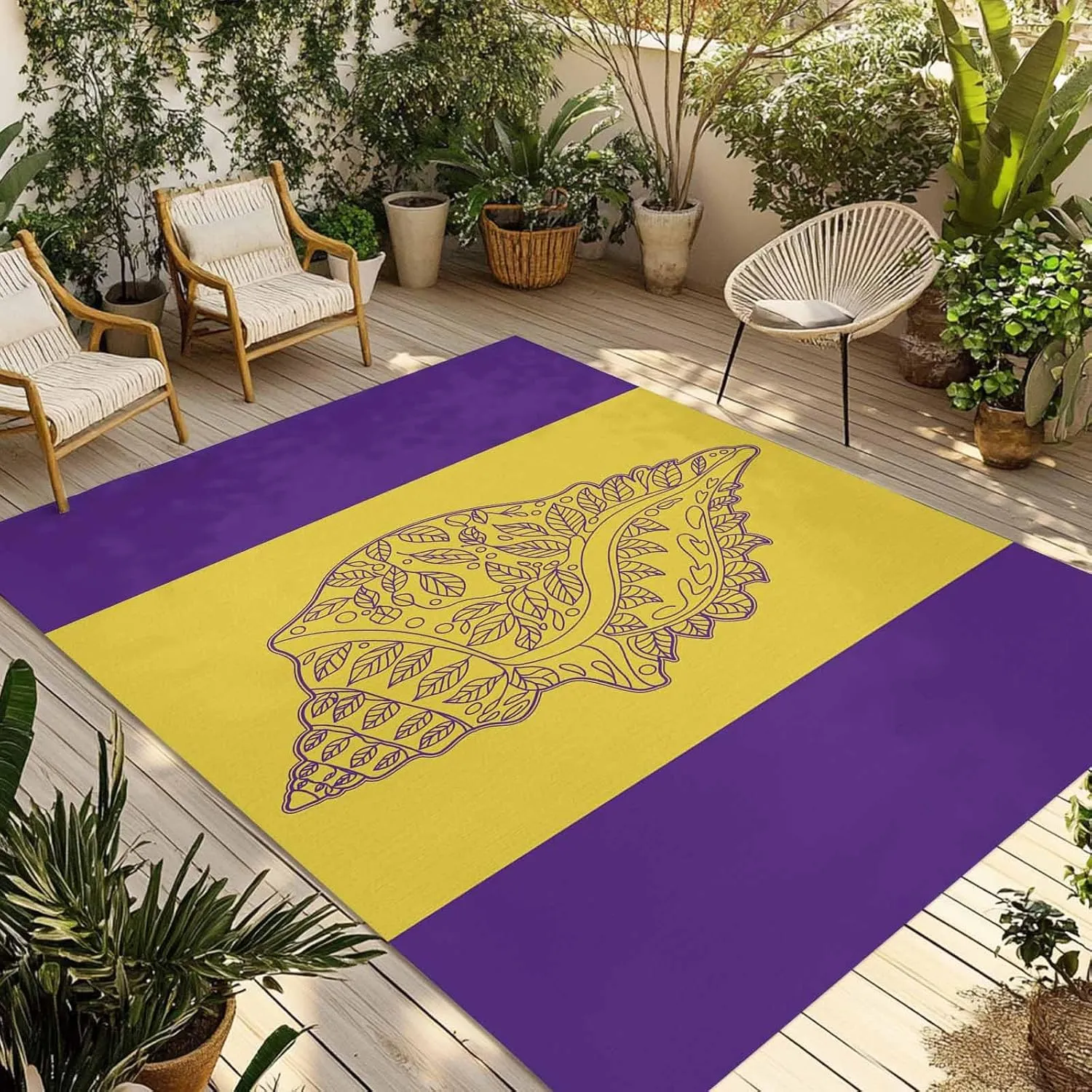 Conch Mandalas Outdoor Rug 5x8ft Large Patio Rug,Washable RV Camping Outside Area Runner Rug Mat,Boho Modern Yellow Purple Abstract Stripe Carpet for Picnic Backyard Deck Porch Balcony Beach & Indoor